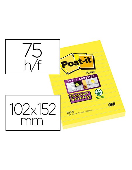 Bloc de notas adhesivas quita y pon post it super sticky rayado amarillo ultra 102x152 mm