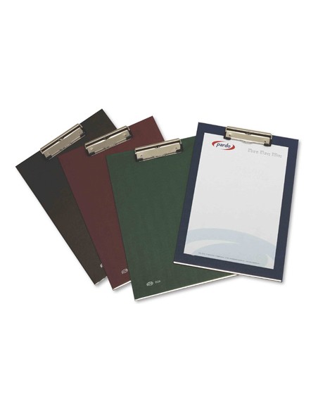 Portanotas pardo carton forrado pvc folio con pinza metalica verde