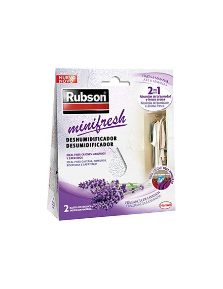 Deshumidificador rubson mini fresh lavanda accion 2 en 1 pack 2 bolsitas de 50 gr