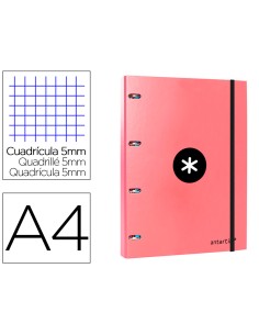 Carpeta con recambio antartik a4 cuadro 5mm forrada 4 anillas 25mm redondas color coral