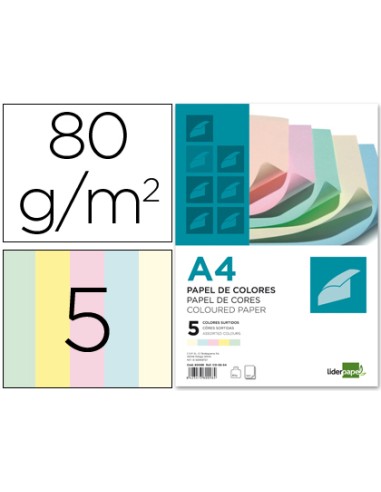 Papel color liderpapel a4 80gr 5 colores surtidos paquete de 500 hojas