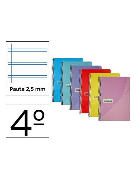 Cuaderno espiral papercop cuarto tapa plastico 80h 90 gr pauta 25 mm con margen colores surtidos