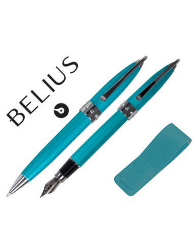 Juego de boligrafo y pluma belius brena turquesa lacado con cristal en la anilla central en estuche