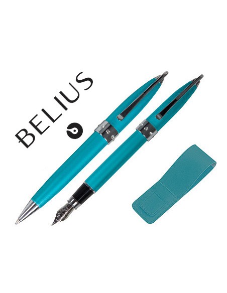 Juego de boligrafo y pluma belius brena turquesa lacado con cristal en la anilla central en estuche Juego de boligrafo y pluma belius brena turquesa lacado con cristal en la anilla central en estuche