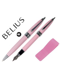 Juego de boligrafo y pluma belius brena rosa lacado con cristal en la anilla central en estuche