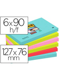 Bloc de notas adhesivas quita y pon post it super sticky 76x127 mm con 90 hojas pack de 6 unidades colores miami