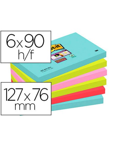 Bloc de notas adhesivas quita y pon post it super sticky 76x127 mm con 90 hojas pack de 6 unidades colores miami