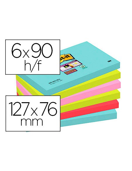 Bloc de notas adhesivas quita y pon post it super sticky 76x127 mm con 90 hojas pack de 6 unidades colores miami