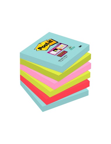 Bloc de notas adhesivas quita y pon post it super sticky 76x76 mm con 90 hojas pack de 6 unidades colores miami