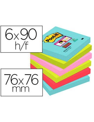 Bloc de notas adhesivas quita y pon post it super sticky 76x76 mm con 90 hojas pack de 6 unidades colores miami