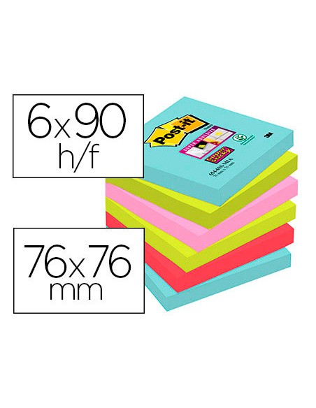 Bloc de notas adhesivas quita y pon post it super sticky 76x76 mm con 90 hojas pack de 6 unidades colores miami