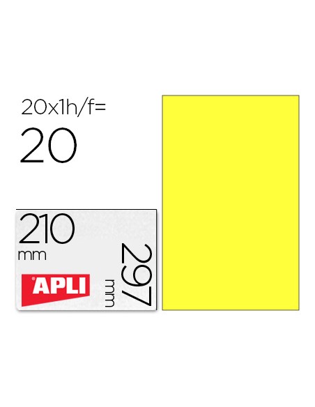 Etiqueta adhesiva apli 02878 tamano 210x297 mm para laser fotocopiadora ink jet caja con20 hojas din a4 amarillo