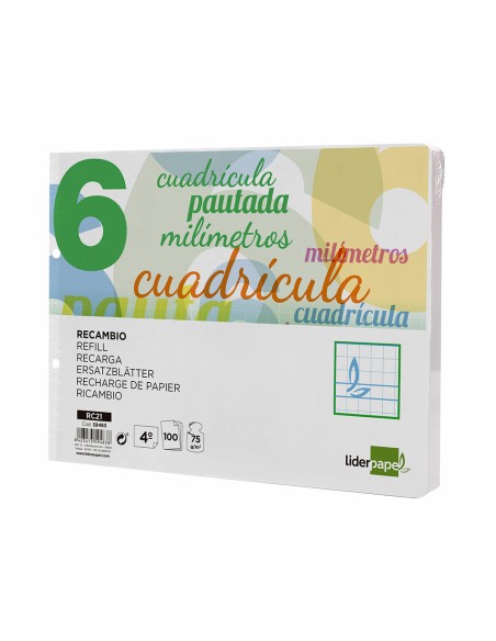 Recambio liderpapel cuarto apaisado pautaguia 100 hojas 75 g cuadriculado pautado 6 mm con margen 2 taladros