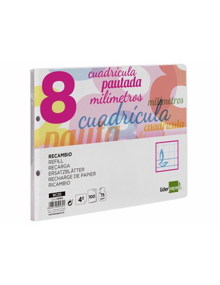 Recambio liderpapel cuarto apaisado pautaguia 100 hojas 75 g cuadriculado pautado 8 mm con margen 2 taladros