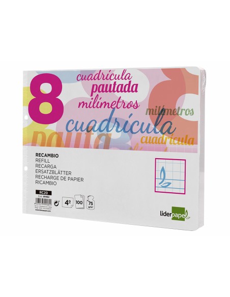Recambio liderpapel cuarto apaisado pautaguia 100 hojas 75 g cuadriculado pautado 8 mm con margen 2 taladros