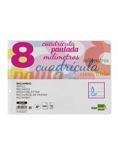 Recambio liderpapel cuarto apaisado pautaguia 100 hojas 75 g cuadriculado pautado 8 mm con margen 2 taladros