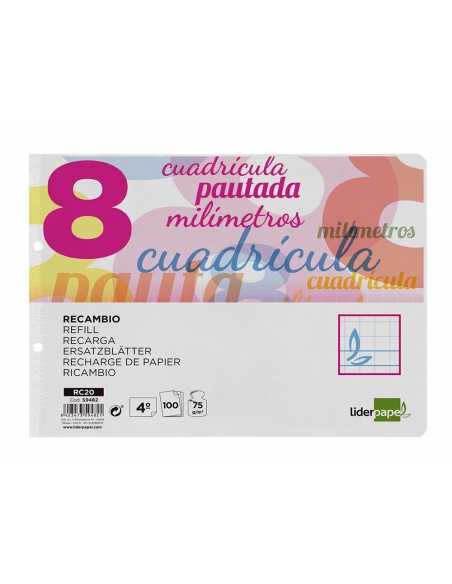 Recambio liderpapel cuarto apaisado pautaguia 100 hojas 75 g cuadriculado pautado 8 mm con margen 2 taladros