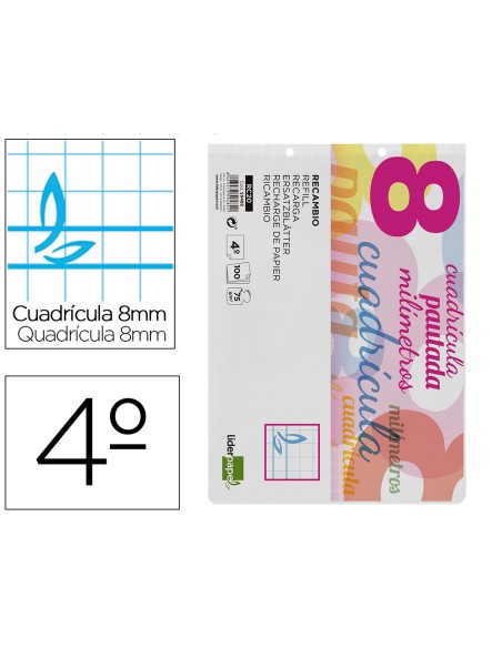 Recambio liderpapel cuarto apaisado pautaguia 100 hojas 75 g cuadriculado pautado 8 mm con margen 2 taladros