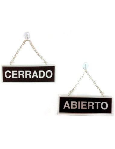 Letrero metalico serigrafiado abierto y cerrado con cadena y ventosa para colgar de 74x232 mm