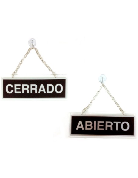 Letrero metalico serigrafiado abierto y cerrado con cadena y ventosa para colgar de 74x232 mm Letrero metalico serigrafiado abierto y cerrado con cadena y ventosa para colgar de 74x232 mm