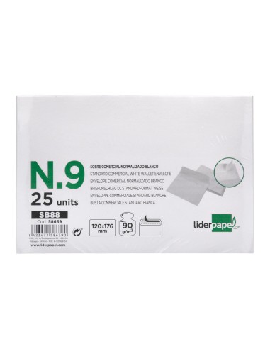 Sobre liderpapel n 9 blanco comercial normalizado 120x176 mm tira de silicona paquete de 25 unidades