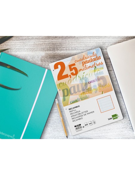 Recambio liderpapel a4 pautaguia 100 hojas 75 g m2 cuadriculado pautado 25 mm con margen 4 taladros