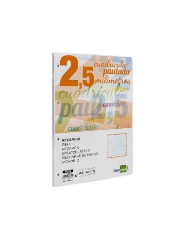 Recambio liderpapel a4 pautaguia 100 hojas 75 g m2 cuadriculado pautado 25 mm con margen 4 taladros