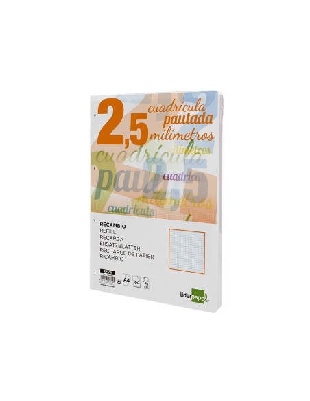 Recambio liderpapel a4 pautaguia 100 hojas 75 g m2 cuadriculado pautado 25 mm con margen 4 taladros