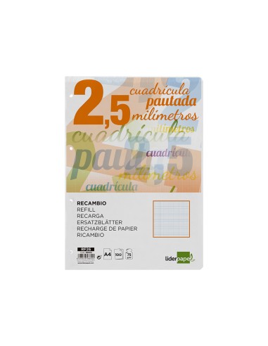 Recambio liderpapel a4 pautaguia 100 hojas 75 g m2 cuadriculado pautado 25 mm con margen 4 taladros