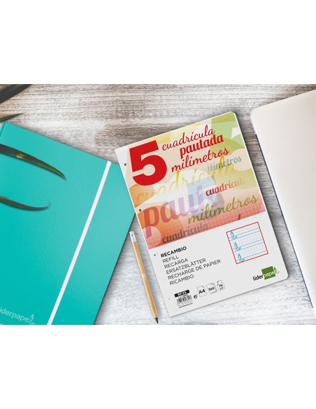 Recambio liderpapel a4 pautaguia 100 hojas 75 g cuadriculado pautado 5 mm con margen 4 taladros