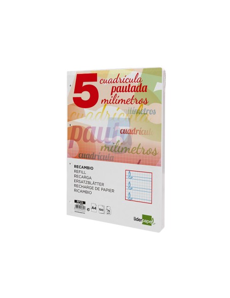 Recambio liderpapel a4 pautaguia 100 hojas 75 g cuadriculado pautado 5 mm con margen 4 taladros