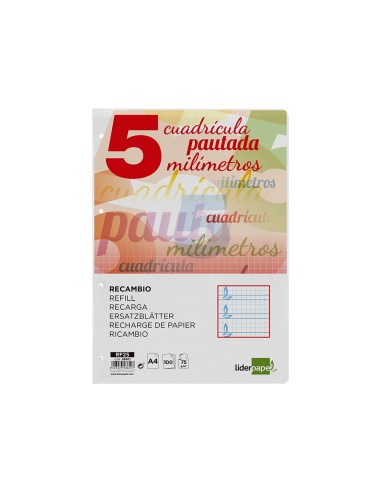 Recambio liderpapel a4 pautaguia 100 hojas 75 g cuadriculado pautado 5 mm con margen 4 taladros