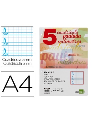 Recambio liderpapel a4 pautaguia 100 hojas 75 g cuadriculado pautado 5 mm con margen 4 taladros