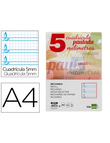 Recambio liderpapel a4 pautaguia 100 hojas 75 g cuadriculado pautado 5 mm con margen 4 taladros