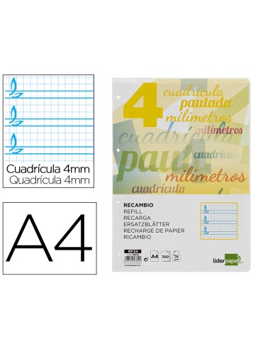 Recambio liderpapel a4 pautaguia 100 hojas 75 g cuadriculado pautado 4 mm con margen 4 taladros