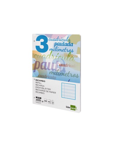 Recambio liderpapel a4 pautaguia 100 hojas 75 g cuadriculado pautado 3 mm con margen 4 taladros