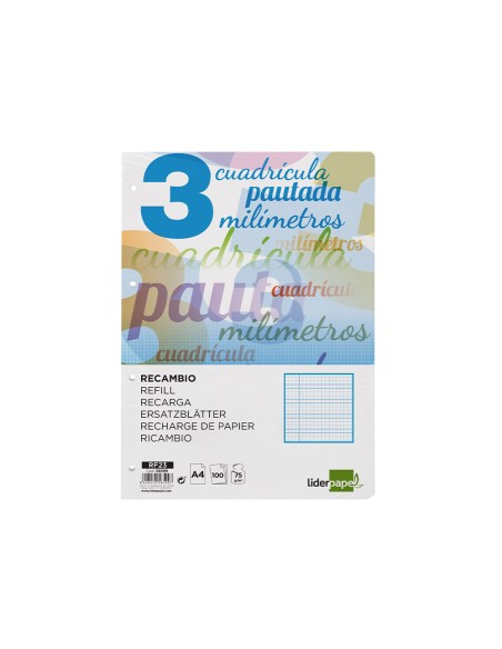Recambio liderpapel a4 pautaguia 100 hojas 75 g cuadriculado pautado 3 mm con margen 4 taladros