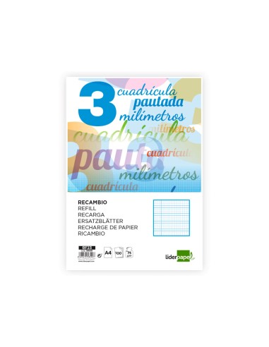Recambio liderpapel a4 pautaguia 100 hojas 75 g cuadriculado pautado 3 mm con margen 4 taladros
