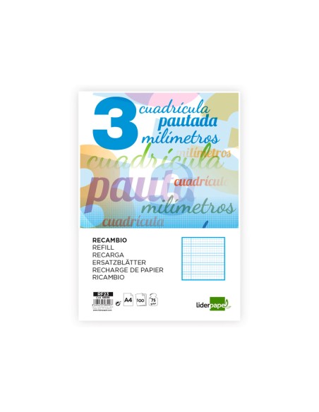 Recambio liderpapel a4 pautaguia 100 hojas 75 g cuadriculado pautado 3 mm con margen 4 taladros