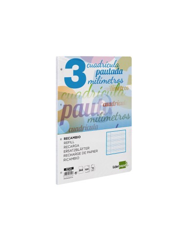 Recambio liderpapel a4 pautaguia 100 hojas 75 g cuadriculado pautado 3 mm con margen 4 taladros