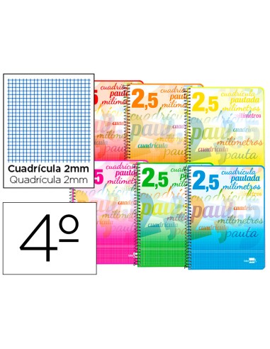 Cuaderno espiral liderpapel cuarto pautaguia tapa blanda 40h 75 gr cuadro pautado 25mmcon margen colores surtidos