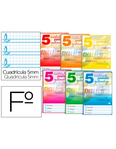 Cuaderno espiral liderpapel folio pautaguia tapa dura 80h 75 gr cuadro pautado 5mmcon margen colores surtidos