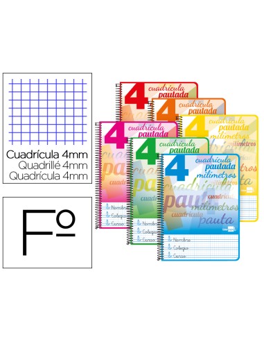 Cuaderno espiral liderpapel folio pautaguia tapa dura 80h 75 gr cuadro pautado 4mmcon margen colores surtidos