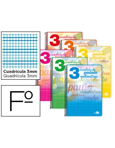 Cuaderno espiral liderpapel folio pautaguia tapa dura 80h 75 gr cuadro pautado 3 mmcon margen colores surtidos