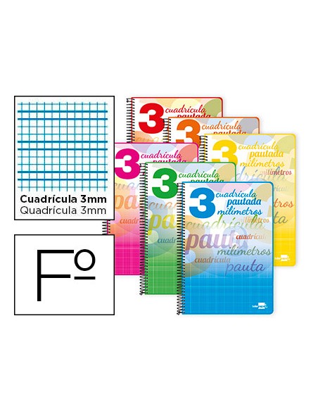 Cuaderno espiral liderpapel folio pautaguia tapa dura 80h 75 gr cuadro pautado 3 mmcon margen colores surtidos