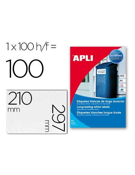 Etiquetas adhesivas apli 12121 tamano 210x297 mm poliester resistente a la interperie impresion laser