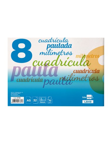 Libreta liderpapel pautaguia tapa cartoncillo 32 hojas din a5 cuadriculado pautado 8mm apaisada 70 gr