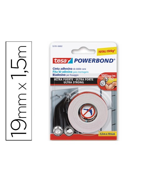 Cinta adhesiva tesa doble cara ultra strong extrafuerte para interior y exterior 15m x19mm