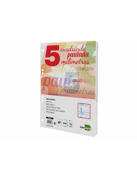 Recambio liderpapel cuarto pautaguia 100 hojas 75 g cuadriculado pautado 5 mm con margen 6 taladros
