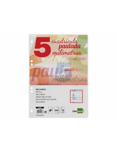 Recambio liderpapel cuarto pautaguia 100 hojas 75 g cuadriculado pautado 5 mm con margen 6 taladros